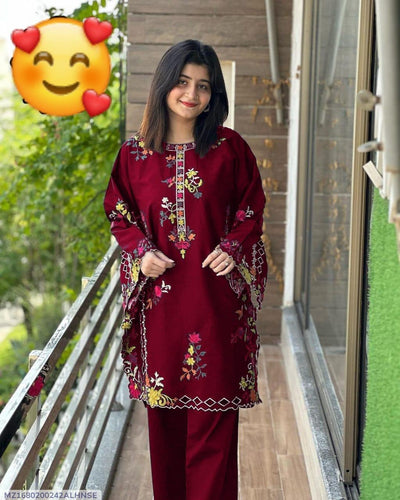 2 Pcs Women's Stitched Linen Embroidered Shirt And Trouser