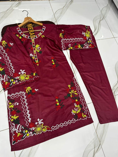 2 Pcs Women's Stitched Linen Embroidered Shirt And Trouser