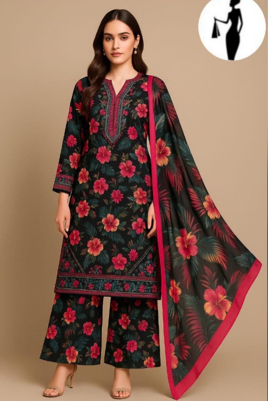 3 Pcs Women's Stitched Lawn Sequins Embroidered Suit